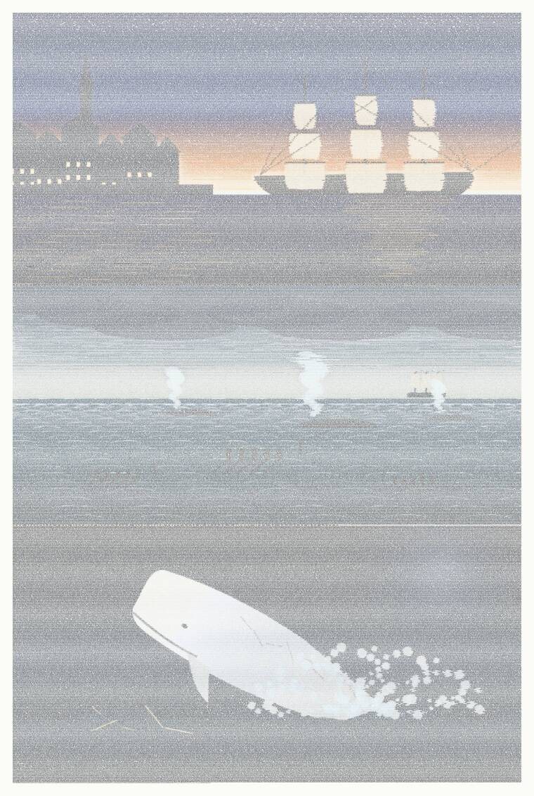 The complete text of Moby-Dick set as one poster: a harbour at dusk, whaleboats, and the white whale